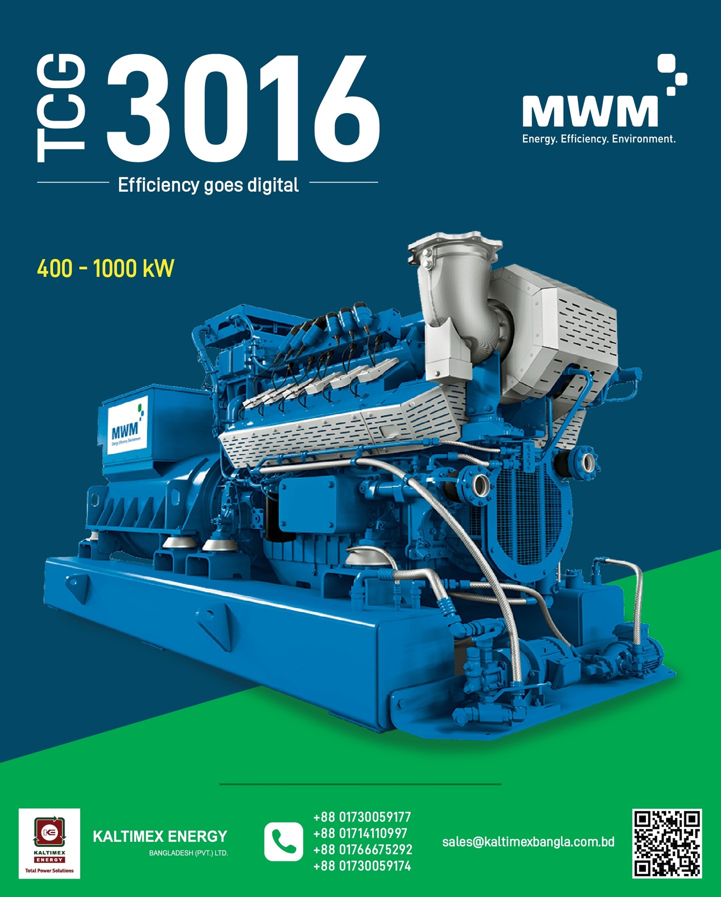 𝗠𝗪𝗠 𝗧𝗖𝗚 𝟯𝟬𝟮𝟬 𝗚𝗮𝘀 𝗘𝗻𝗴𝗶𝗻𝗲
Capacity: 1,380 – 2,300 kW

The MWM TCG 3020 series is a true all-round powerhouse, engineered for high efficiency, maximum reliability, and future-ready energy solutions. Built for modern distributed energy systems, it delivers up to 2,300 kWel with outstanding performance, low operating costs, and flexible fuel compatibility. With advanced digital control via TPEM, long service intervals, and hydrogen-ready capability, this engine is designed to maximize uptime, profitability, and sustainability. 

𝗛𝗶𝗴𝗵𝗹𝗶𝗴𝗵𝘁𝘀:
⚡ 1,380–2,300 kWel high-output range with up to 45% electrical efficiency
💰 Reduced operating costs with very low oil consumption & long service intervals (up to 80,000 hours)
🔄 Fuel-flexible: natural gas, biogas, landfill gas, propane & hydrogen blends (up to 25%)
🧠 Smart TPEM digital control for full plant monitoring & optimized performance
🛠️ Robust, high-reliability design ensuring maximum availability and long service life

𝗔𝘂𝘁𝗵𝗼𝗿𝗶𝘇𝗲𝗱 𝗗𝗶𝘀𝘁𝗿𝗶𝗯𝘂𝘁𝗼𝗿 - Kaltimex Energy Bangladesh (Pvt.) Ltd.

𝗛𝗼𝘁𝗹𝗶𝗻𝗲:
+88 01730059177, +88 01714110997, +88 01766675292, +88 01730059174

𝗘𝗺𝗮𝗶𝗹: sales@kaltimexbangla.com.bd

𝘄𝘄𝘄.𝗸𝗮𝗹𝘁𝗶𝗺𝗲𝘅𝗯𝗮𝗻𝗴𝗹𝗮.𝗰𝗼𝗺.𝗯𝗱

#kebd #kaltimexenergy #kaltimex #MWM #gasgenerator #sustainableenergy #powersolutions #tcg3020