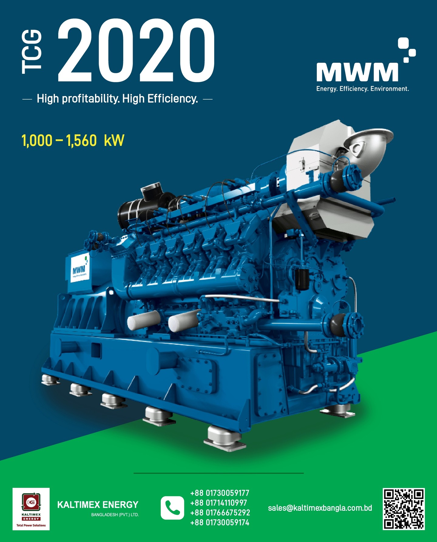 𝗠𝗪𝗠 𝗧𝗖𝗚 𝟮𝟬𝟮𝟬 𝗚𝗮𝘀 𝗘𝗻𝗴𝗶𝗻𝗲
Capacity: 1,000 – 1,560 kW

The MWM TCG 2020 gas engines are a proven mid-range powerhouse—engineered to meet the demands of modern, decentralized energy systems. Developed by MWM GmbH, they deliver 1,000–1,560 kWel with outstanding efficiency, strong reliability, and exceptional fuel flexibility.

Designed for CHP and industrial applications, this series combines optimized combustion, low fuel consumption, and long maintenance intervals to ensure high profitability and reduced lifecycle costs. With advanced configurations like the TCG 2020 K for harsh environments and efficient performance up to ~43% electrical efficiency, it’s a smart solution for stable, continuous power generation worldwide.

𝗛𝗶𝗴𝗵𝗹𝗶𝗴𝗵𝘁𝘀:
⚡ 1,000–1,560 kWel power range with up to ~43% electrical efficiency
 💰 Low operating costs with reduced fuel consumption & extended service intervals
 🔄 Fuel-flexible: natural gas, biogas, landfill gas, sewage gas & mine gas
 🧠 Optimized engine design for efficient combustion & lower emissions
 🛠️ Proven, durable technology with high reliability and global deployment

𝗔𝘂𝘁𝗵𝗼𝗿𝗶𝘇𝗲𝗱 𝗗𝗶𝘀𝘁𝗿𝗶𝗯𝘂𝘁𝗼𝗿 - Kaltimex Energy Bangladesh (Pvt.) Ltd.

𝗛𝗼𝘁𝗹𝗶𝗻𝗲:
+88 01730059177, +88 01714110997, +88 01766675292, +88 01730059174

𝗘𝗺𝗮𝗶𝗹: sales@kaltimexbangla.com.bd

𝘄𝘄𝘄.𝗸𝗮𝗹𝘁𝗶𝗺𝗲𝘅𝗯𝗮𝗻𝗴𝗹𝗮.𝗰𝗼𝗺.𝗯𝗱

#kebd #kaltimexenergy #kaltimex #MWM #gasgenerator #sustainableenergy #powersolutions #tcg2020
