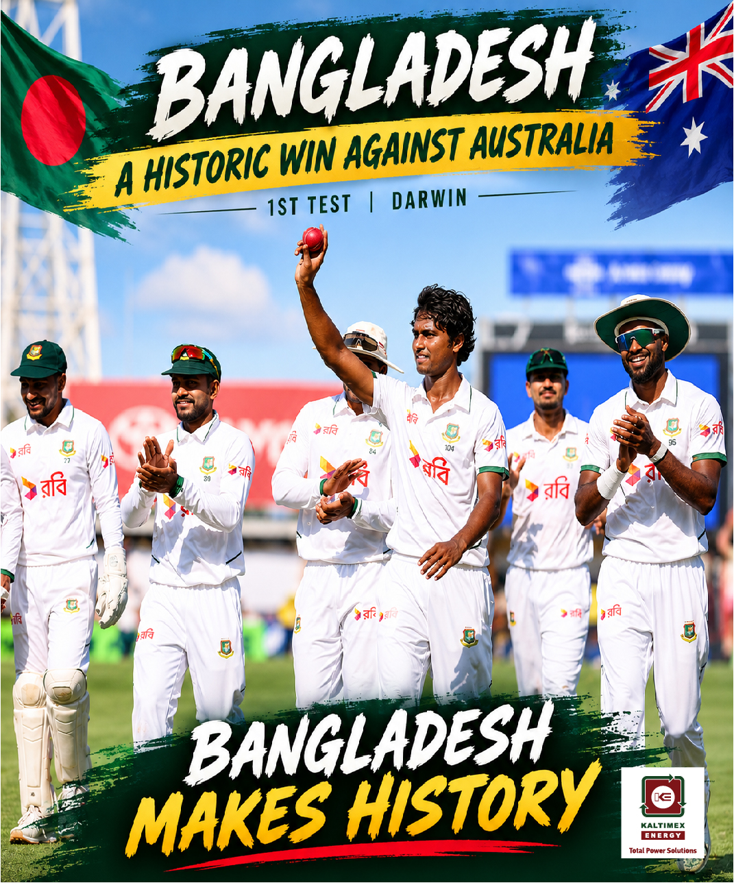 A Huge Congratulations To Team Bangladesh.
Bravo Tigers!!!

#kebd #kaltimex #kaltimexenergy #BANvsAUS #1sttest